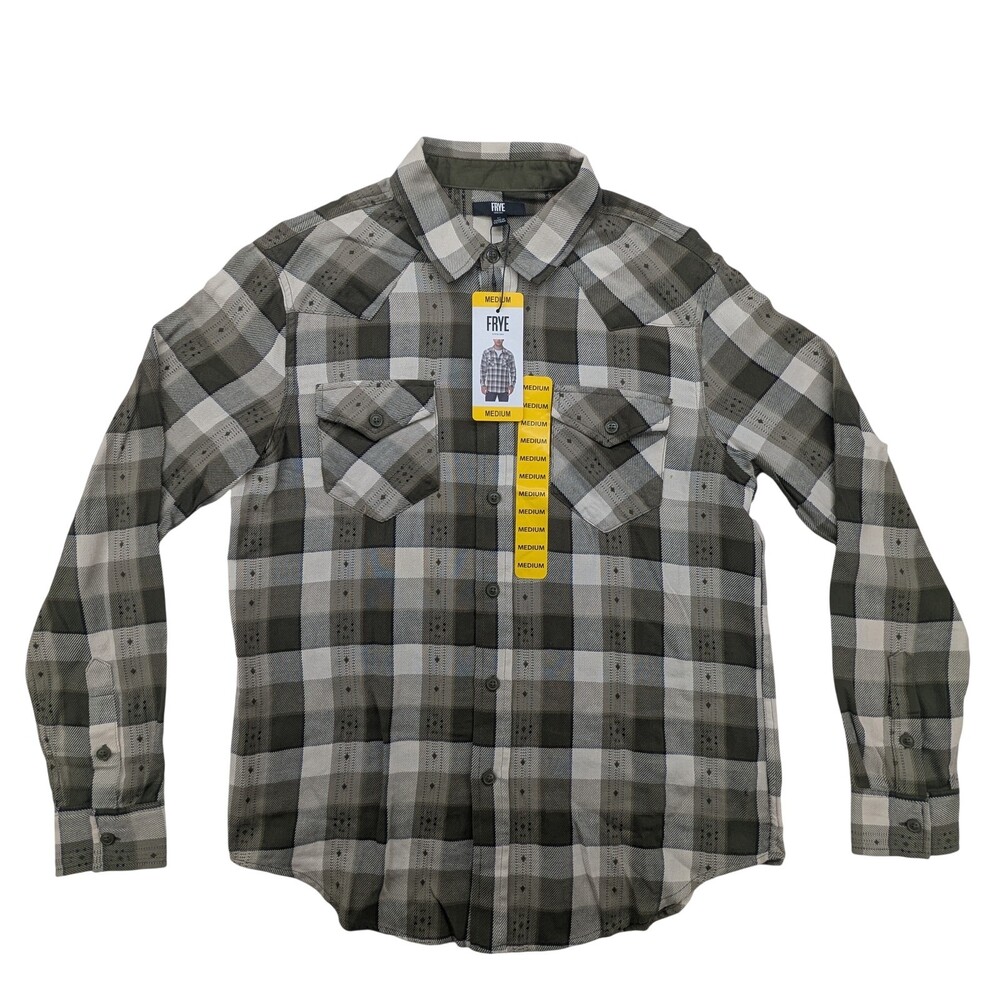 Frye Shirt Mens Medium Plaid Button Up Long Sleeve Western Green Gray NEW